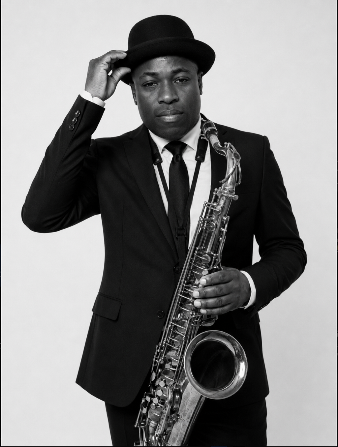 Emmanuel Atoyebi with his saxophone in a black and white portrait