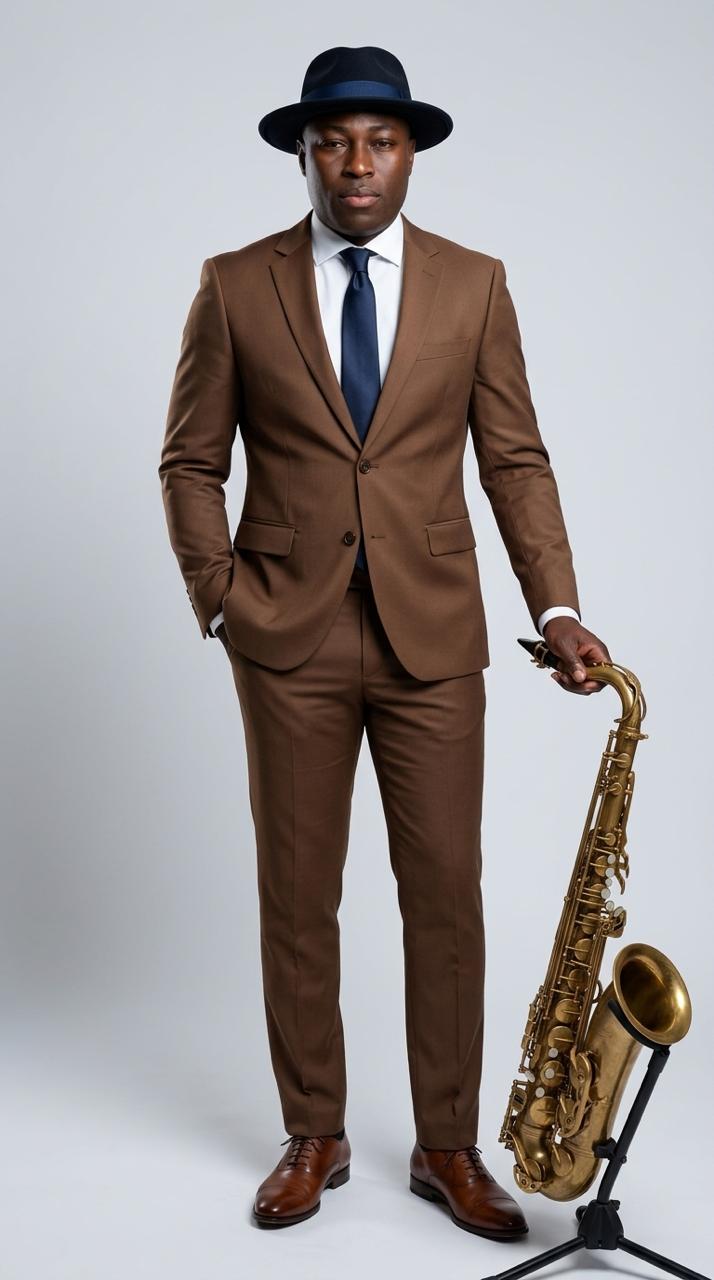 Emmanuel Atoyebi in a brown suit with saxophone